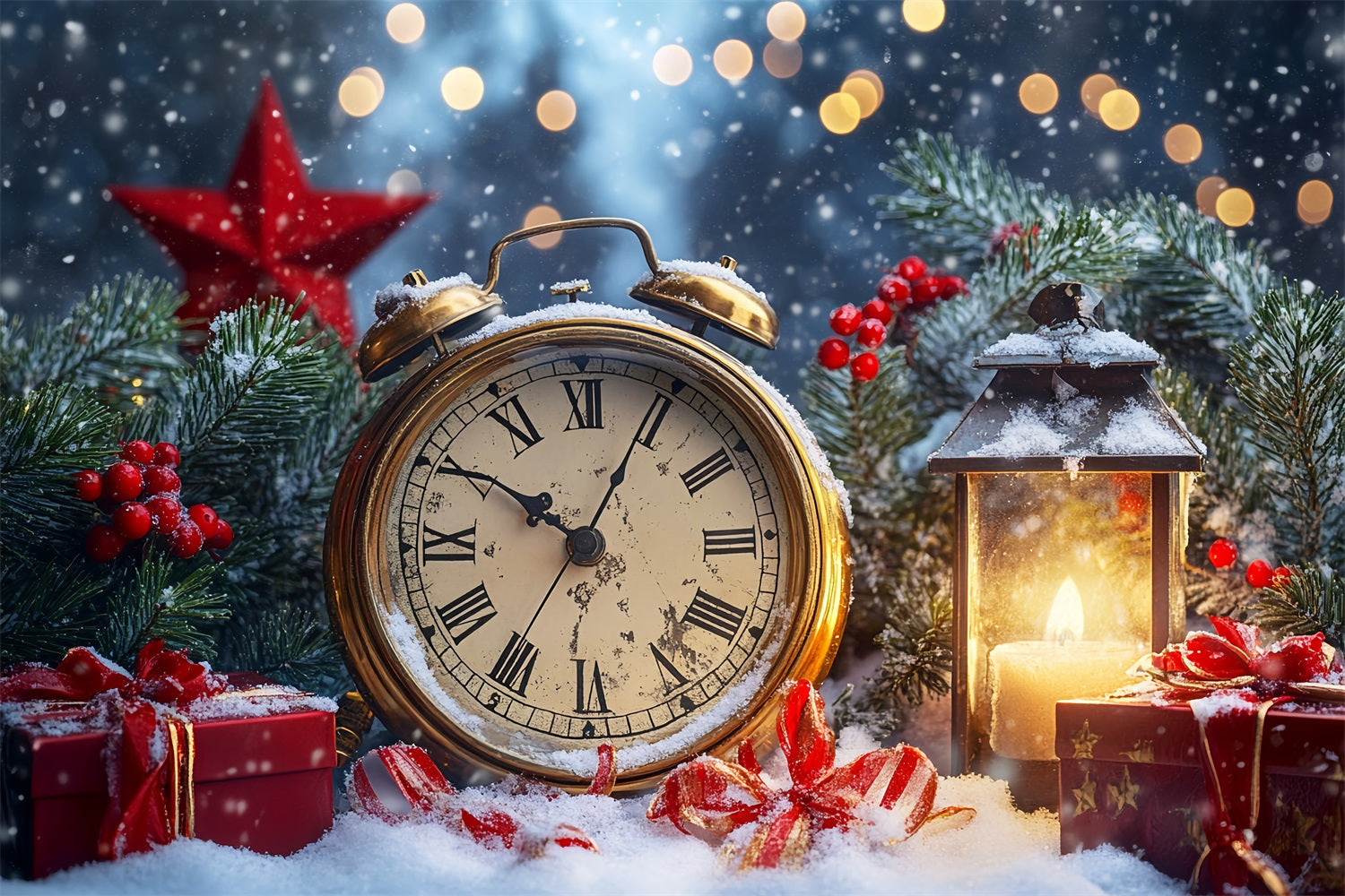 Fonds « Nouvel An » Compte à rebours sous la neige Bokeh scintillant Horloge Fond photo LXX512-15