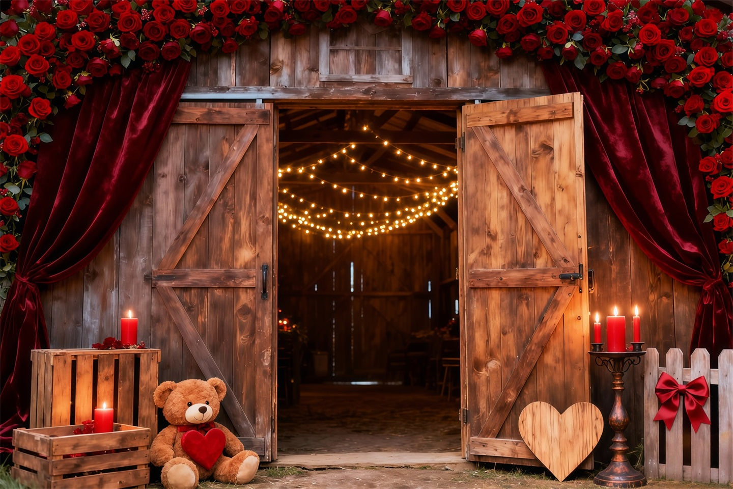 Fond de scène Saint-Valentin arche florale Portes de grange rustiques Roses Fond de scène Glow Love LXX512-154