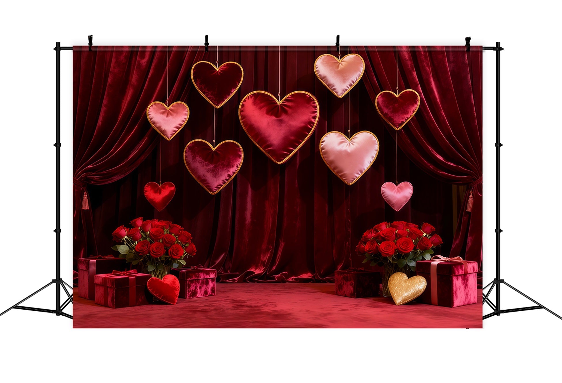 Fond photo Saint-Valentin Cœurs suspendus en velours Fond rose rouge LXX512-161