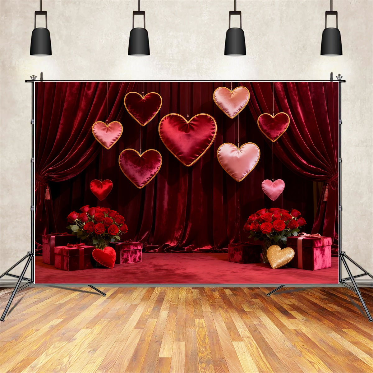 Fond photo Saint-Valentin Cœurs suspendus en velours Fond rose rouge LXX512-161