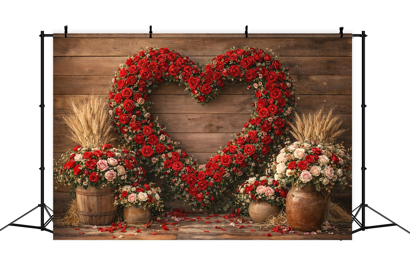 Fond pour la Saint-Valentin Mur rustique avec cœur en roses Fond avec fleurs en forme de cœur LXX512-166