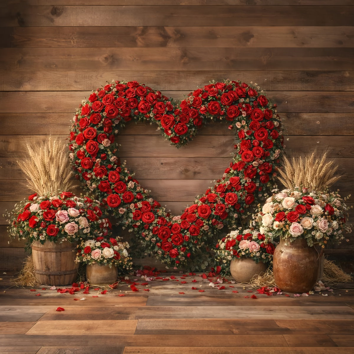 Fond pour la Saint-Valentin Mur rustique avec cœur en roses Fond avec fleurs en forme de cœur LXX512-166