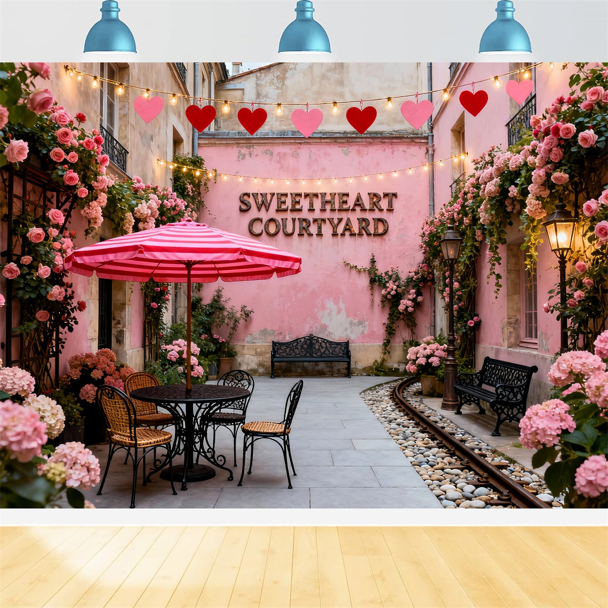 Fond pour la Saint-Valentin avec couronne Café romantique dans une cour rose Fond LXX512-167