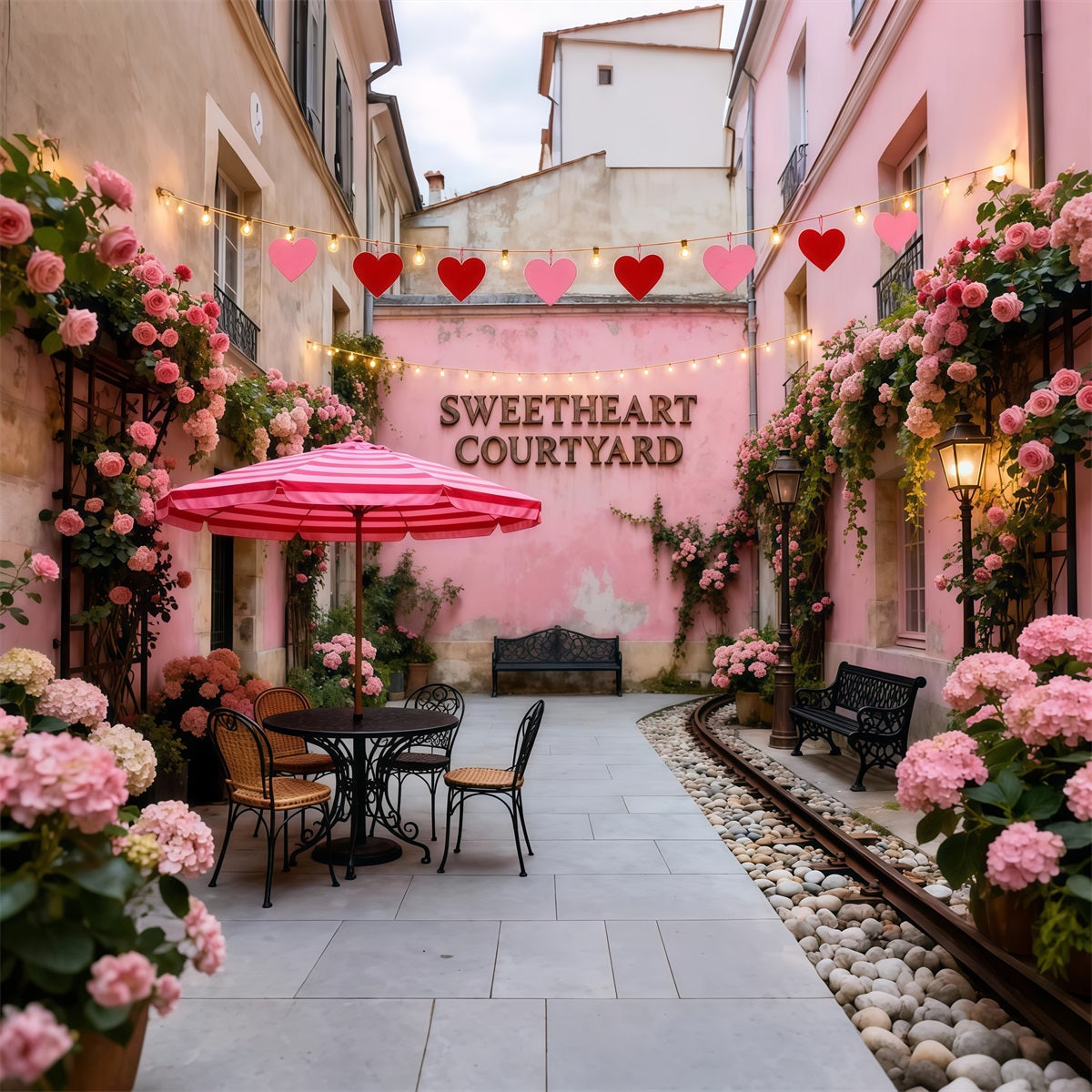 Fond pour la Saint-Valentin avec couronne Café romantique dans une cour rose Fond LXX512-167