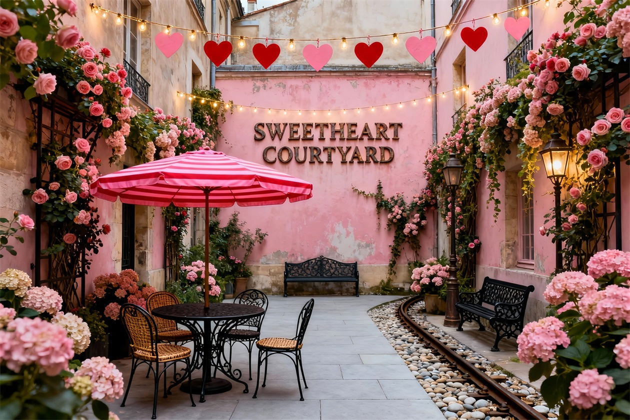 Fond pour la Saint-Valentin avec couronne Café romantique dans une cour rose Fond LXX512-167