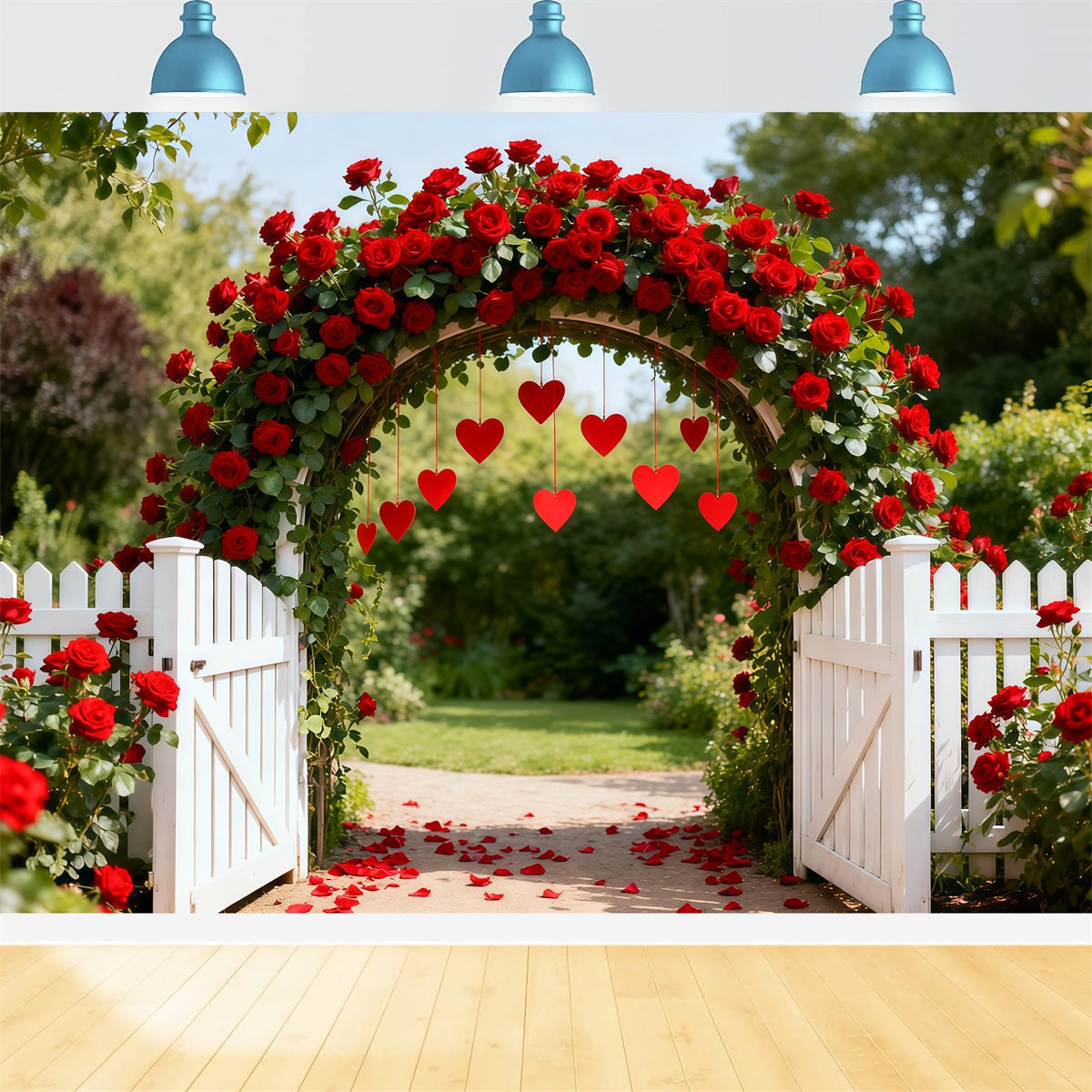 Arche florale pour la Saint-Valentin Toile de fond Jardin de roses Arche en forme de cœur Toiles de fond pour l'amour LXX512-169