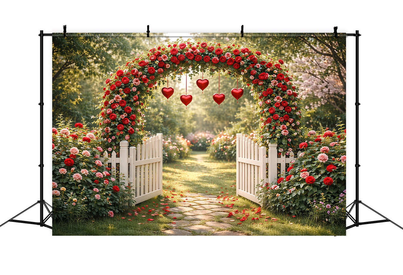 Toile de fond romantique Jardin de roses Porte en forme de cœur Arche florale Toile de fond pour la Saint-Valentin LXX512-170