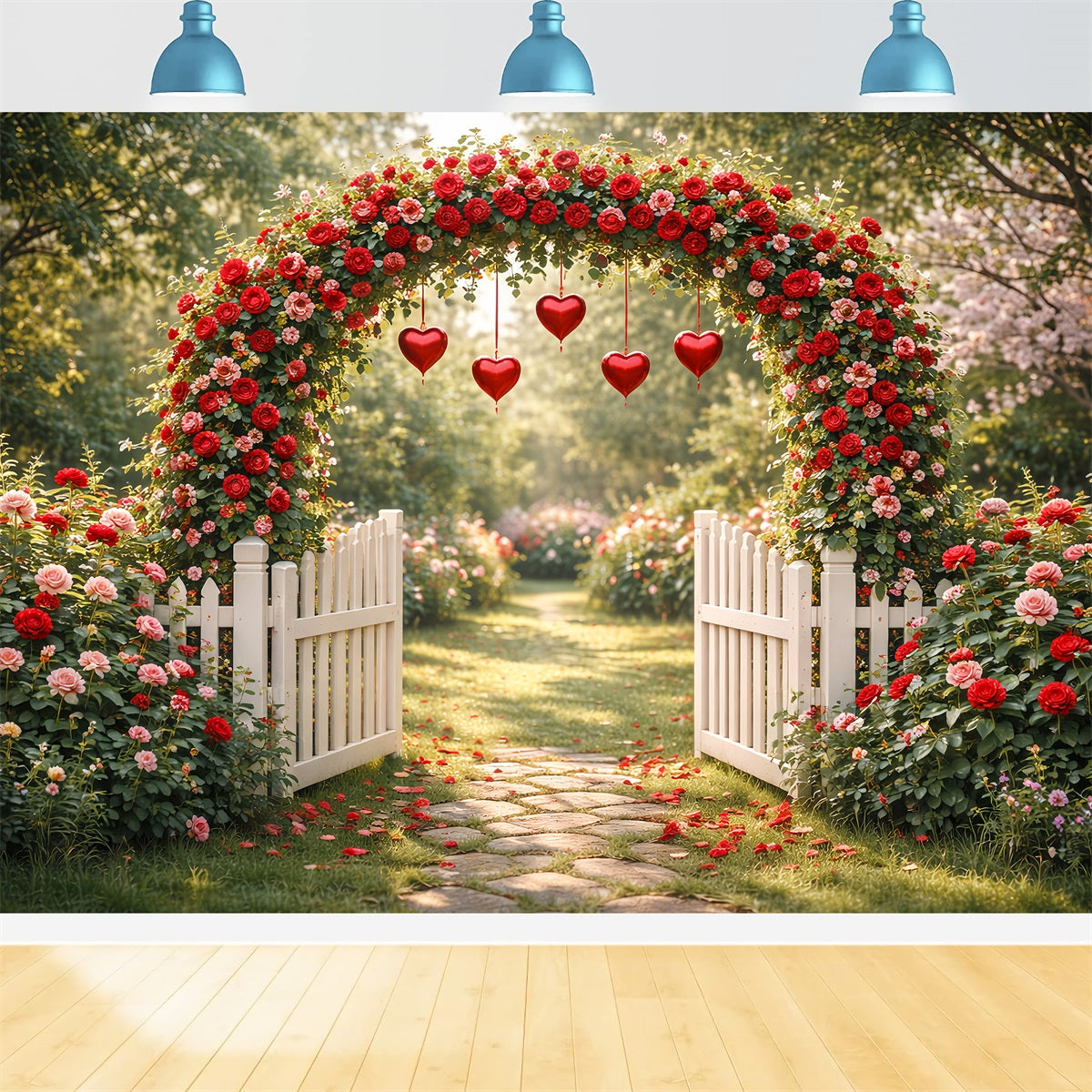 Toile de fond romantique Jardin de roses Porte en forme de cœur Arche florale Toile de fond pour la Saint-Valentin LXX512-170