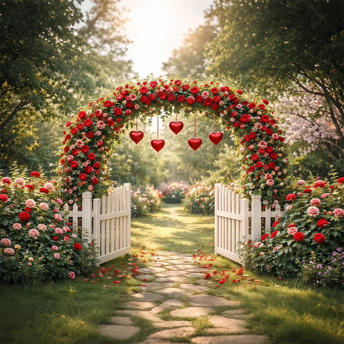Toile de fond romantique Jardin de roses Porte en forme de cœur Arche florale Toile de fond pour la Saint-Valentin LXX512-170
