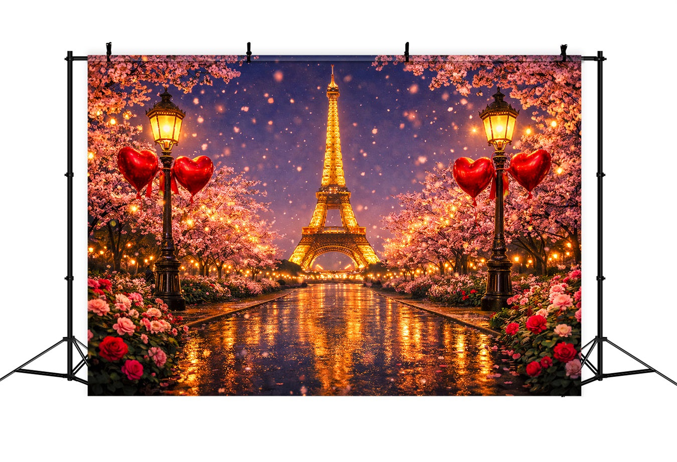 Toile de fond scintillante pour la Saint-Valentin Paris Tour Eiffel Nuit d'amour Toile de fond en forme de cœur LXX512-171