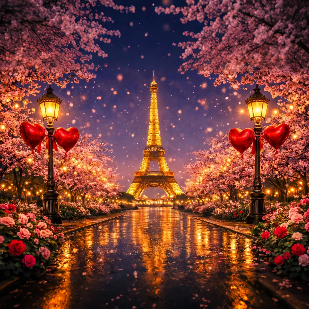 Toile de fond scintillante pour la Saint-Valentin Paris Tour Eiffel Nuit d'amour Toile de fond en forme de cœur LXX512-171