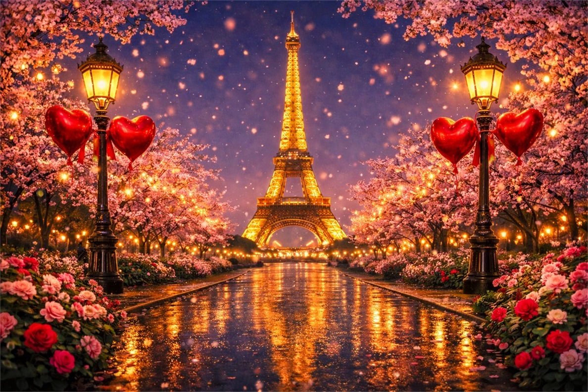 Toile de fond scintillante pour la Saint-Valentin Paris Tour Eiffel Nuit d'amour Toile de fond en forme de cœur LXX512-171