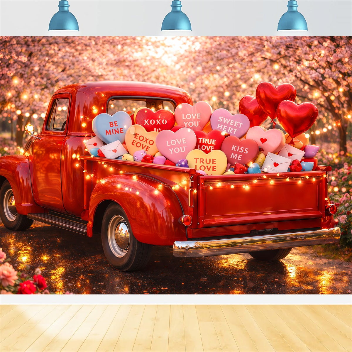 Toiles de fond pour la Saint-Valentin Camion vintage Toile de fond en forme de cœur avec des bonbons LXX512-172