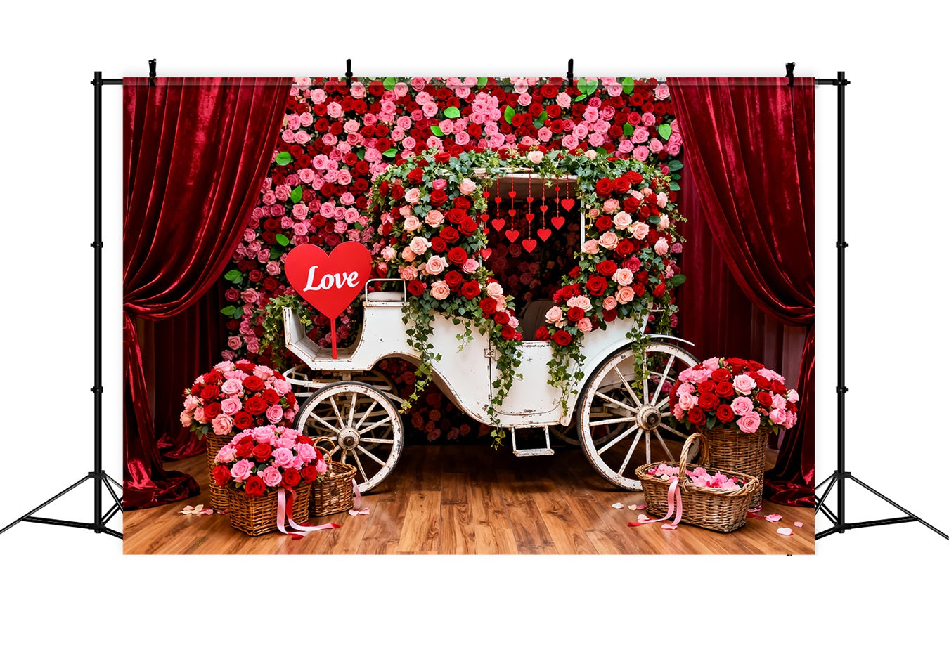 Fond avec roses rouges Fond romantique avec calèche fleurie pour la Saint-Valentin LXX512-173