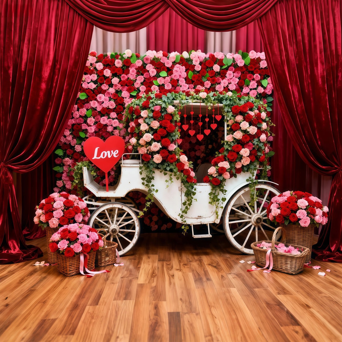 Fond avec roses rouges Fond romantique avec calèche fleurie pour la Saint-Valentin LXX512-173