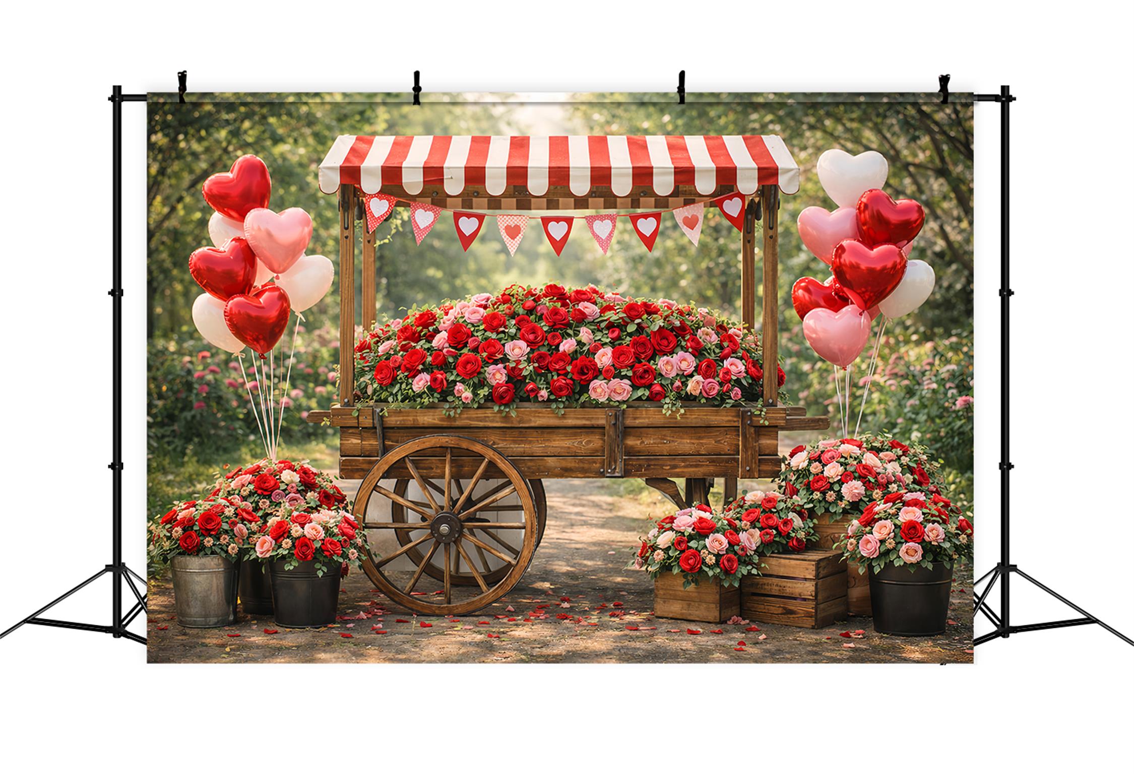 Fond avec ballons en forme de cœur Fond rustique avec chariot et roses Idées de fonds pour la Saint-Valentin LXX512-174