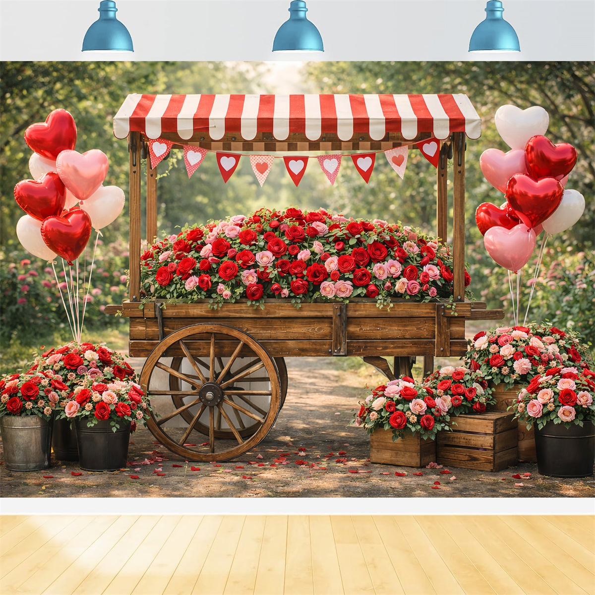 Fond avec ballons en forme de cœur Fond rustique avec chariot et roses Idées de fonds pour la Saint-Valentin LXX512-174