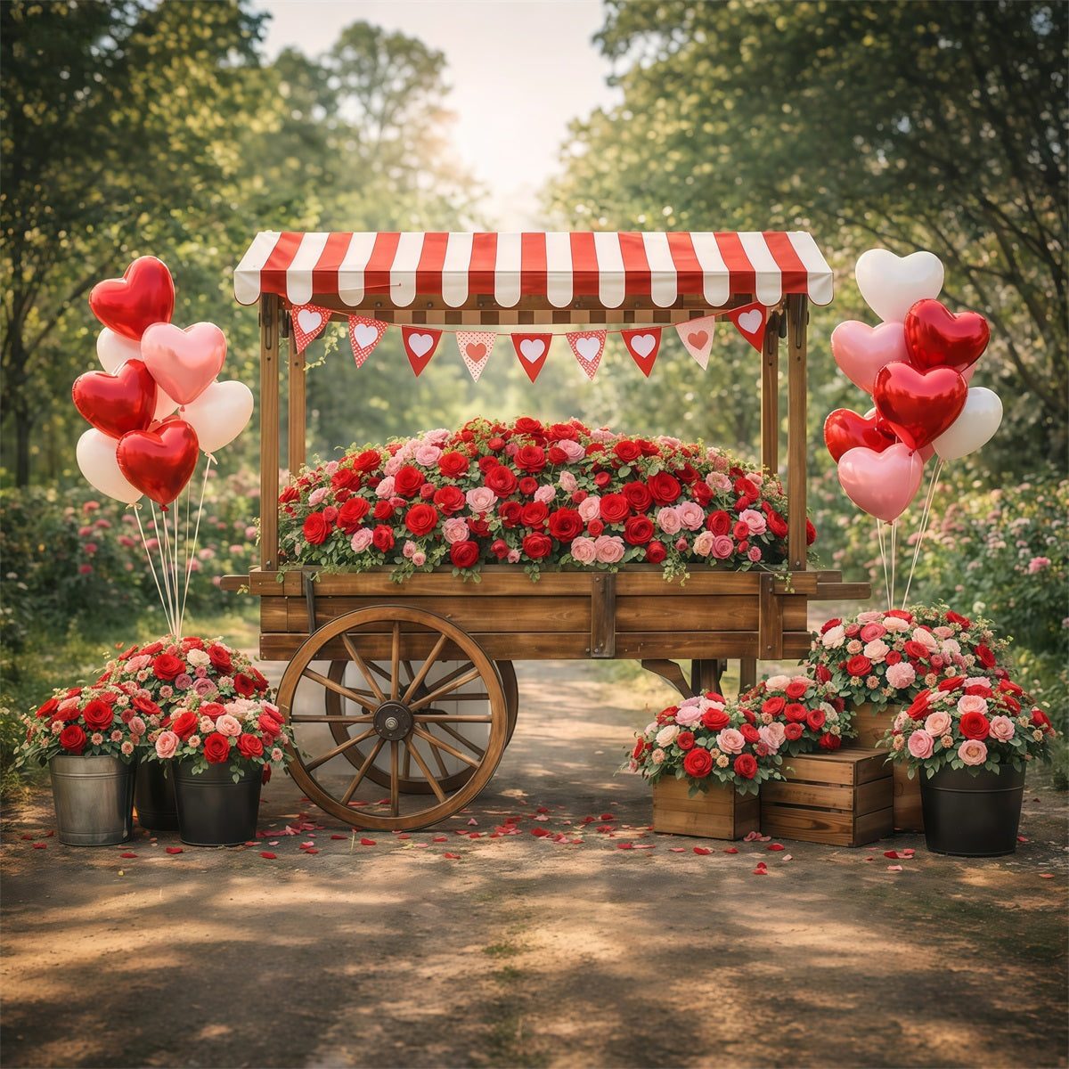 Fond avec ballons en forme de cœur Fond rustique avec chariot et roses Idées de fonds pour la Saint-Valentin LXX512-174
