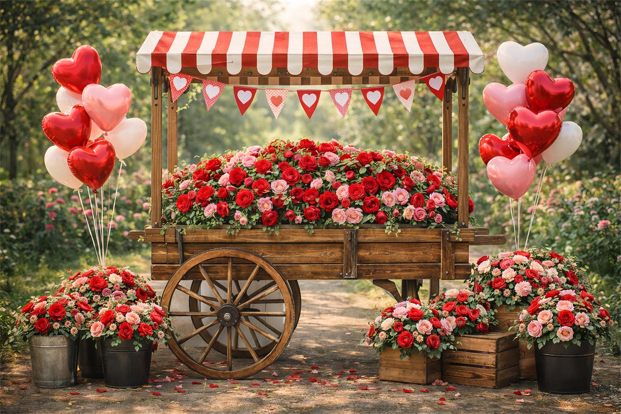 Fond avec ballons en forme de cœur Fond rustique avec chariot et roses Idées de fonds pour la Saint-Valentin LXX512-174