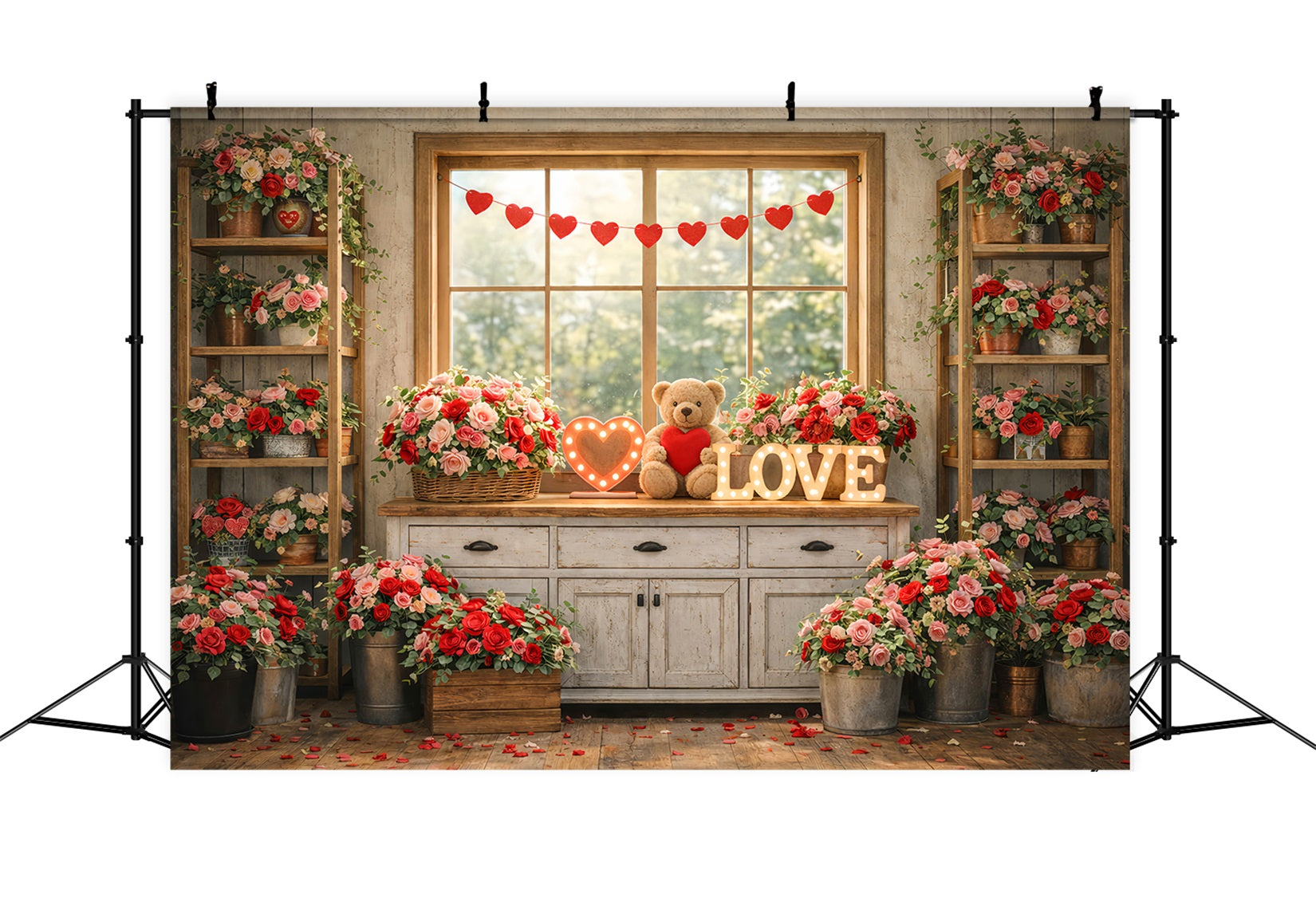 Fond photo pour la Saint-Valentin Fenêtre confortable Enseignes néon en forme de cœur Fond romantique LXX512-175