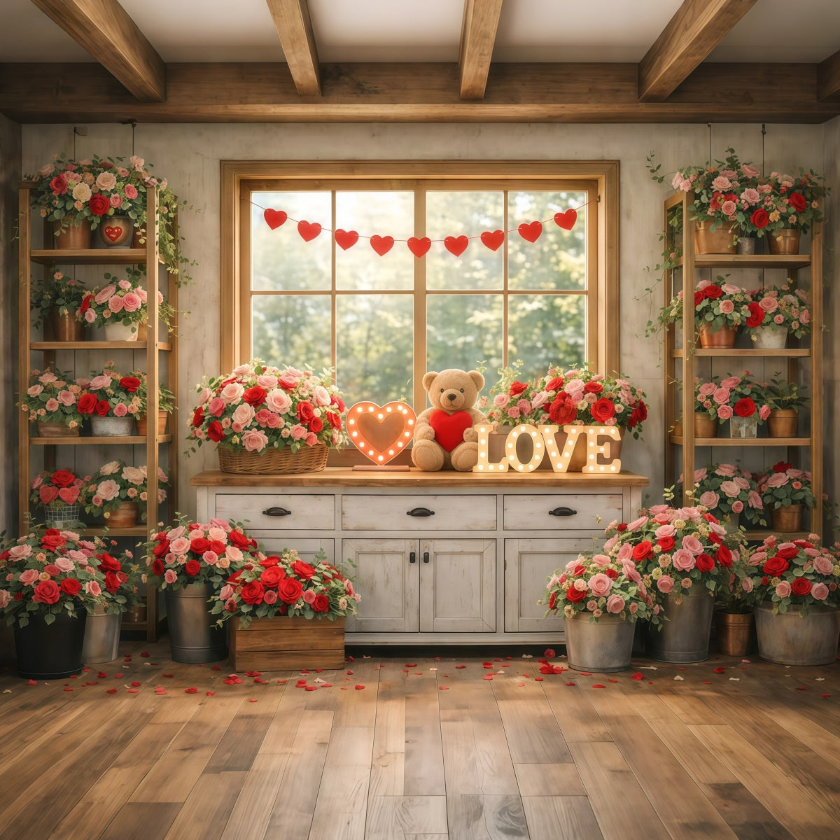 Fond photo pour la Saint-Valentin Fenêtre confortable Enseignes néon en forme de cœur Fond romantique LXX512-175