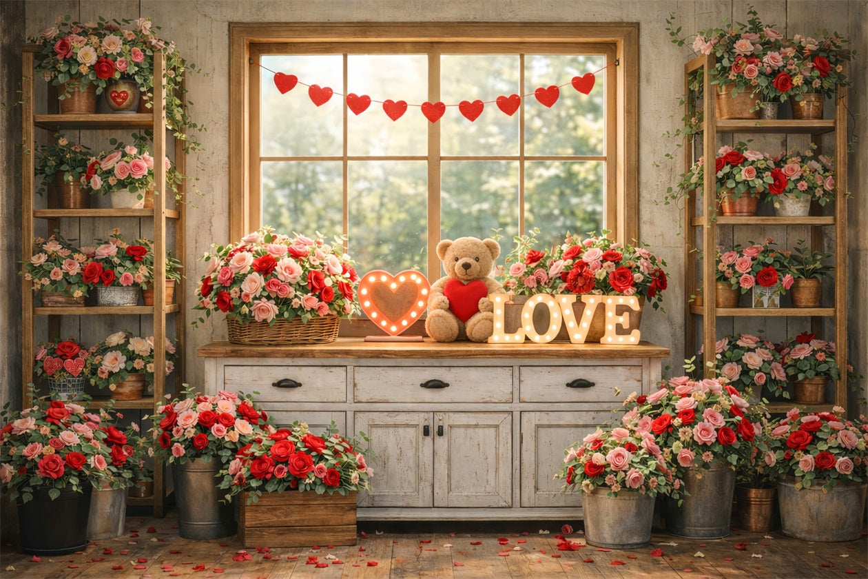 Fond photo pour la Saint-Valentin Fenêtre confortable Enseignes néon en forme de cœur Fond romantique LXX512-175