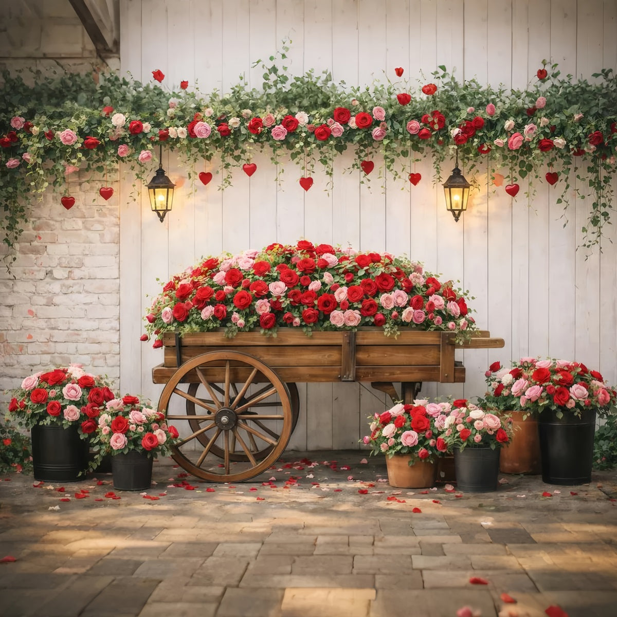 Fond avec roses rouges Chariot de fleurs de jardin Romance Fonds pour la Saint-Valentin LXX512-177