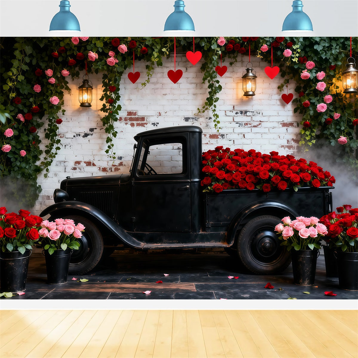 Fonds pour la Saint-Valentin Camion vintage avec roses rouges Fond romantique LXX512-178