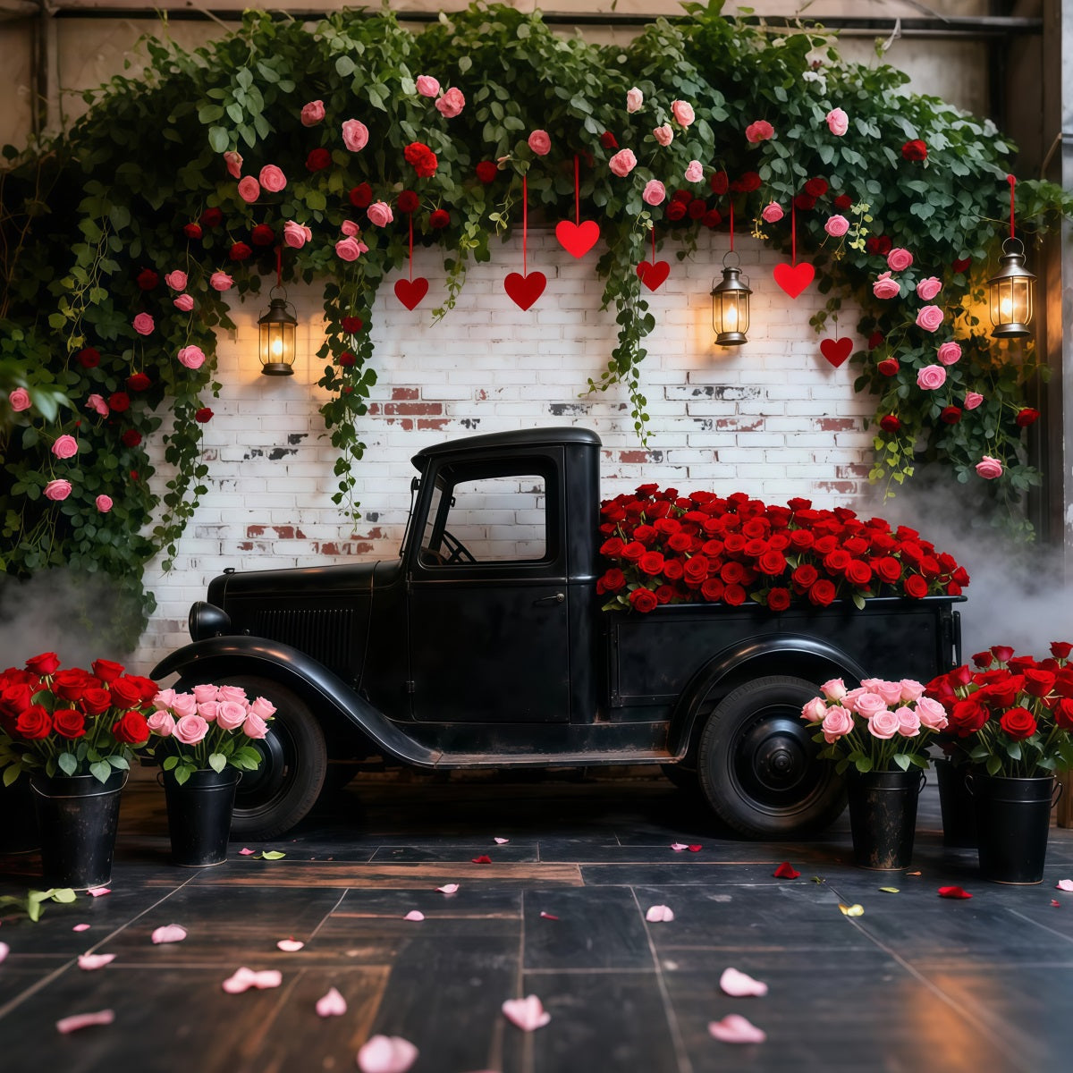 Fonds pour la Saint-Valentin Camion vintage avec roses rouges Fond romantique LXX512-178
