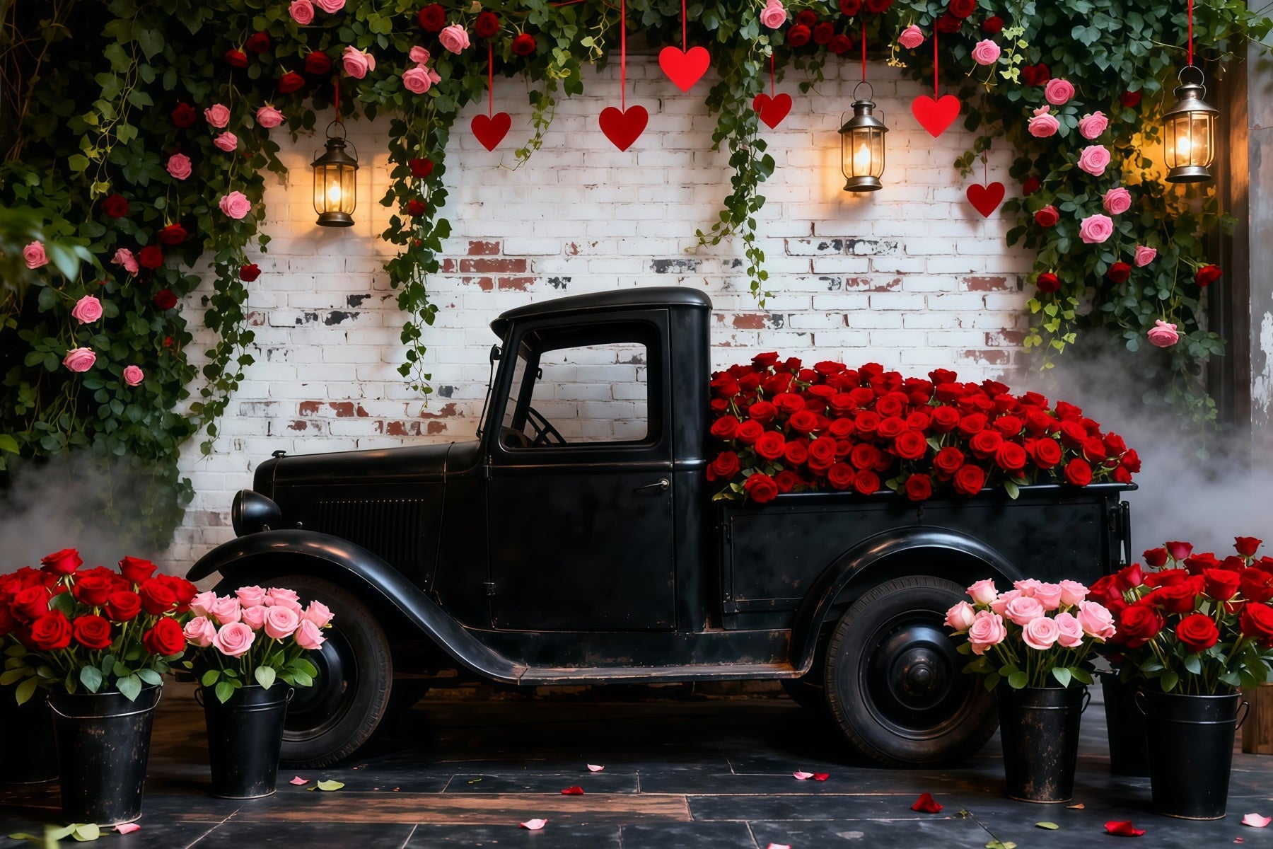 Fonds pour la Saint-Valentin Camion vintage avec roses rouges Fond romantique LXX512-178