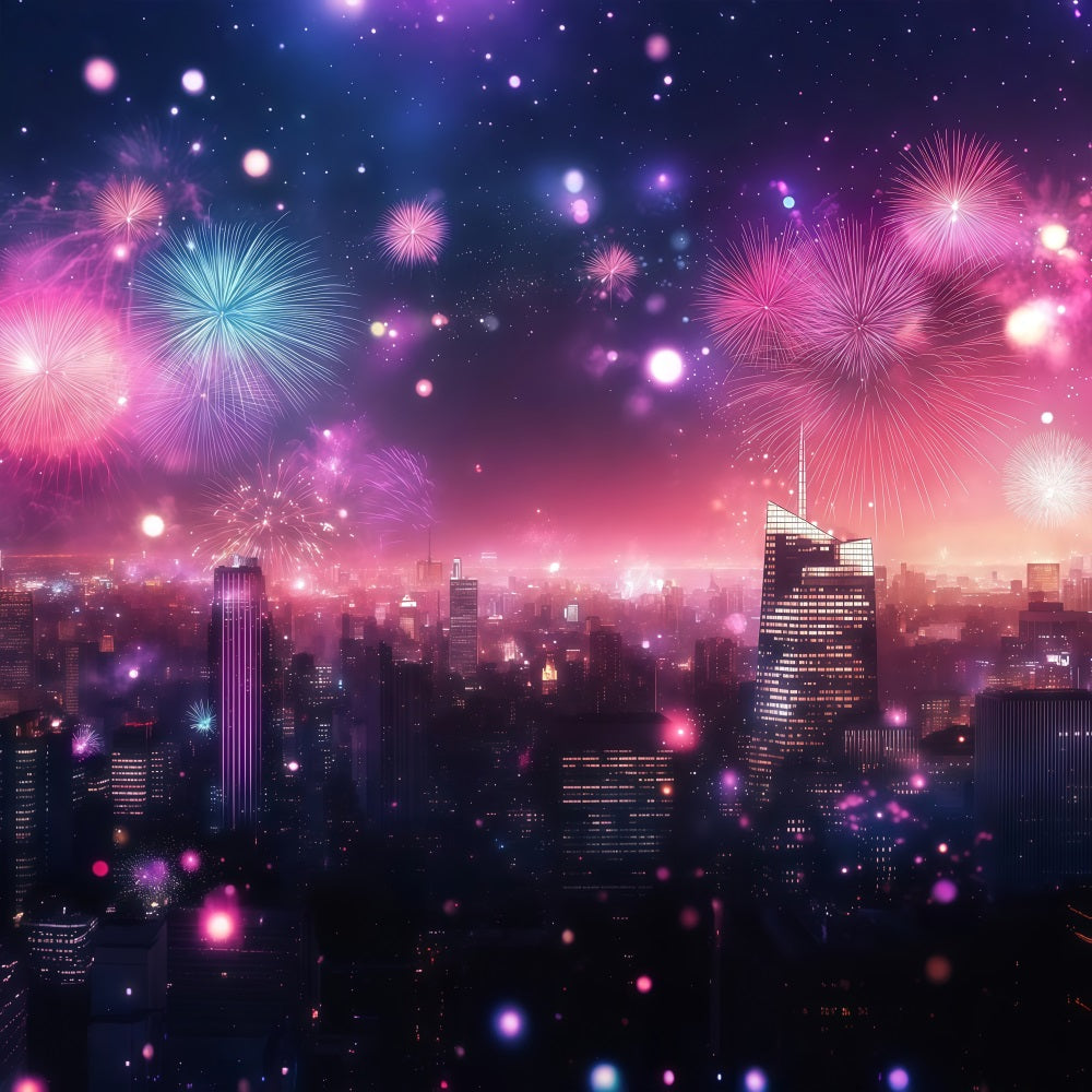 Toiles de fond pour le Nouvel An Feux d'artifice roses Lumières de la ville Toile de fond pour photos de paysage urbain LXX512-25