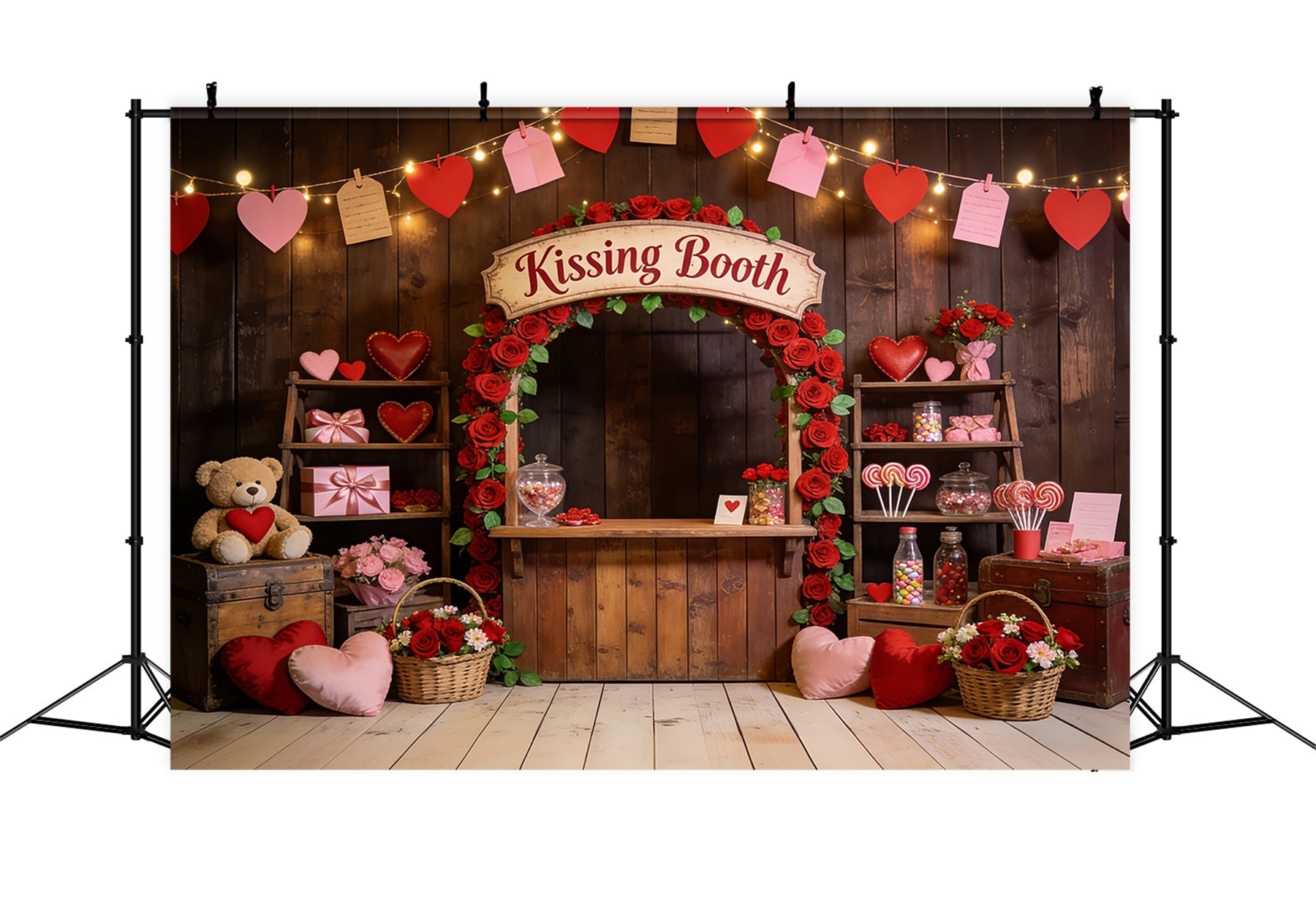 Toile de fond avec guirlande de cœurs Cabine de baisers romantique Roses Toiles de fond sur le thème de l'amour LXX512-47