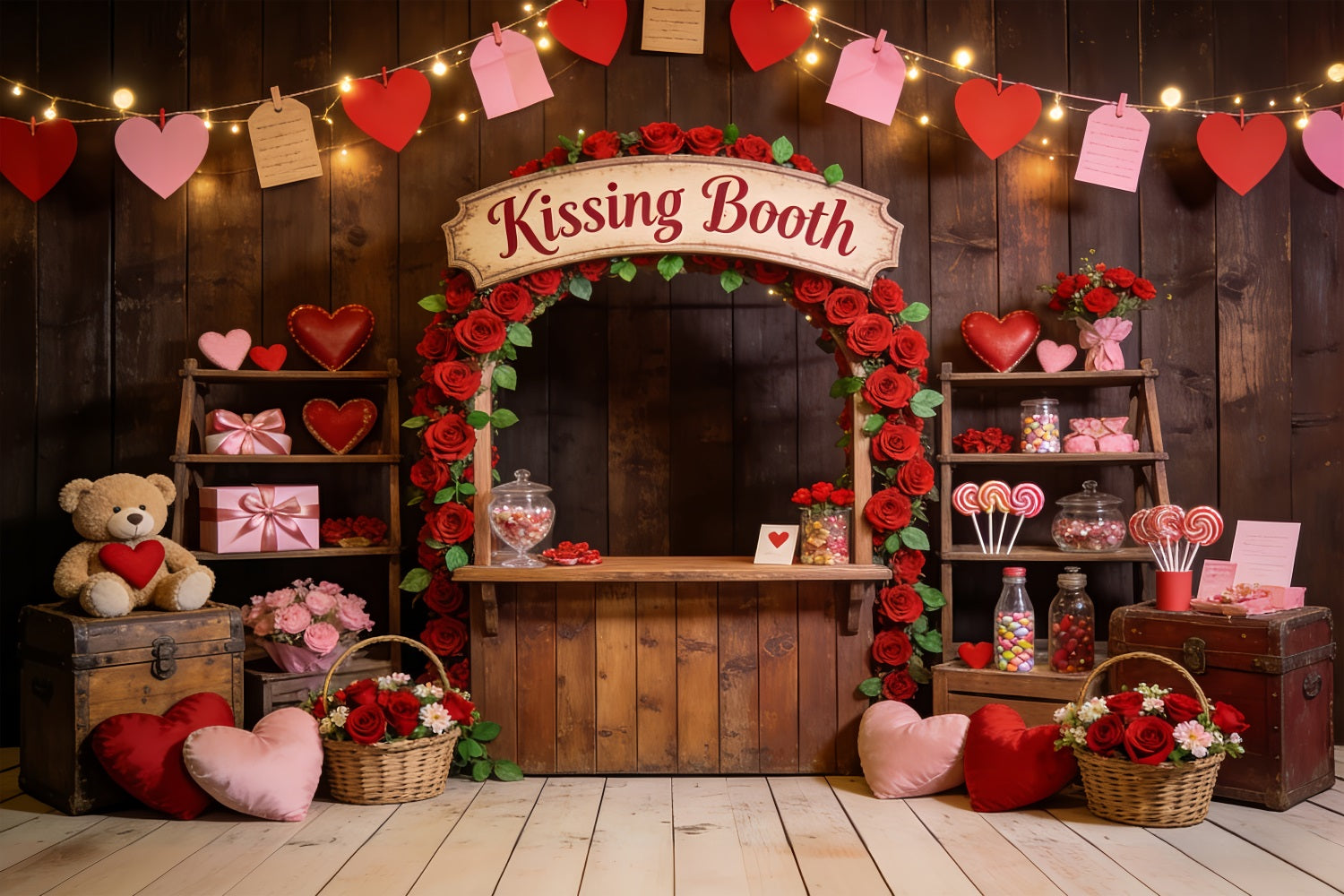 Toile de fond avec guirlande de cœurs Cabine de baisers romantique Roses Toiles de fond sur le thème de l'amour LXX512-47