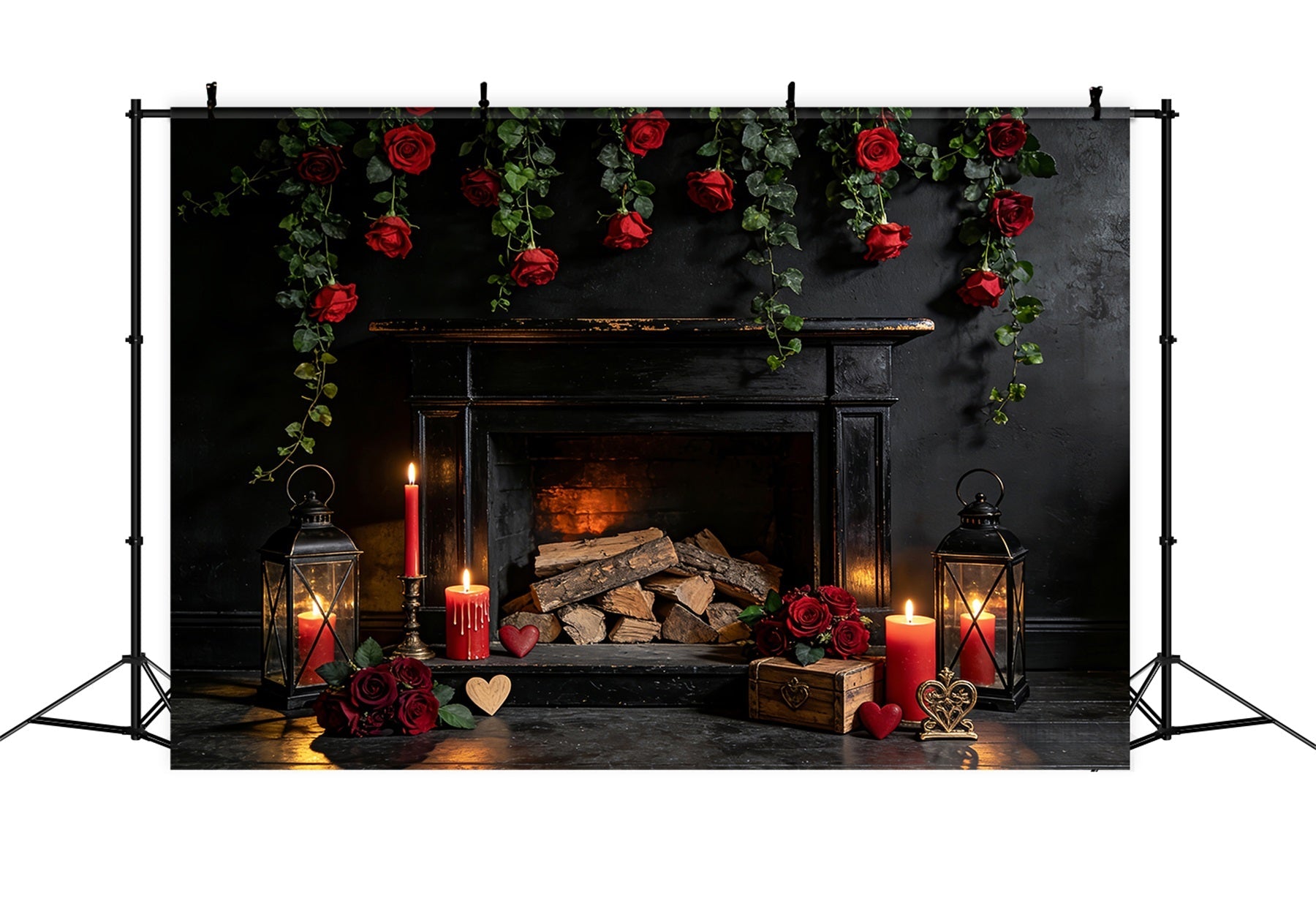 Toile de fond pour la Saint-Valentin Roses rouges Bougies Cheminée Toile de fond pour la Saint-Valentin LXX512-48