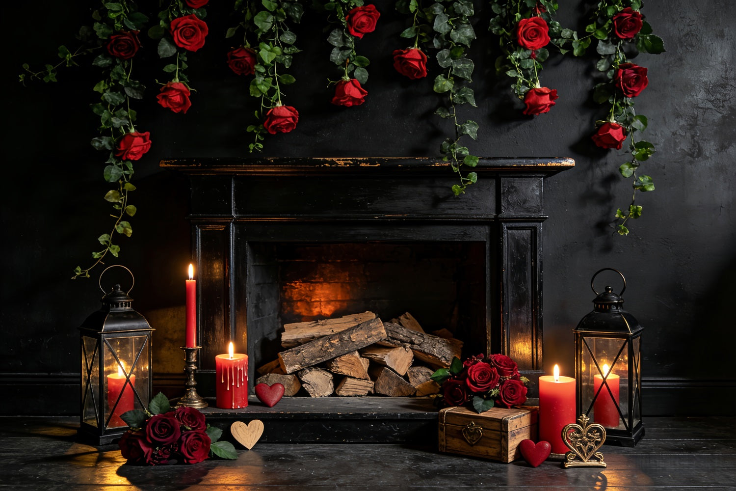 Toile de fond pour la Saint-Valentin Roses rouges Bougies Cheminée Toile de fond pour la Saint-Valentin LXX512-48