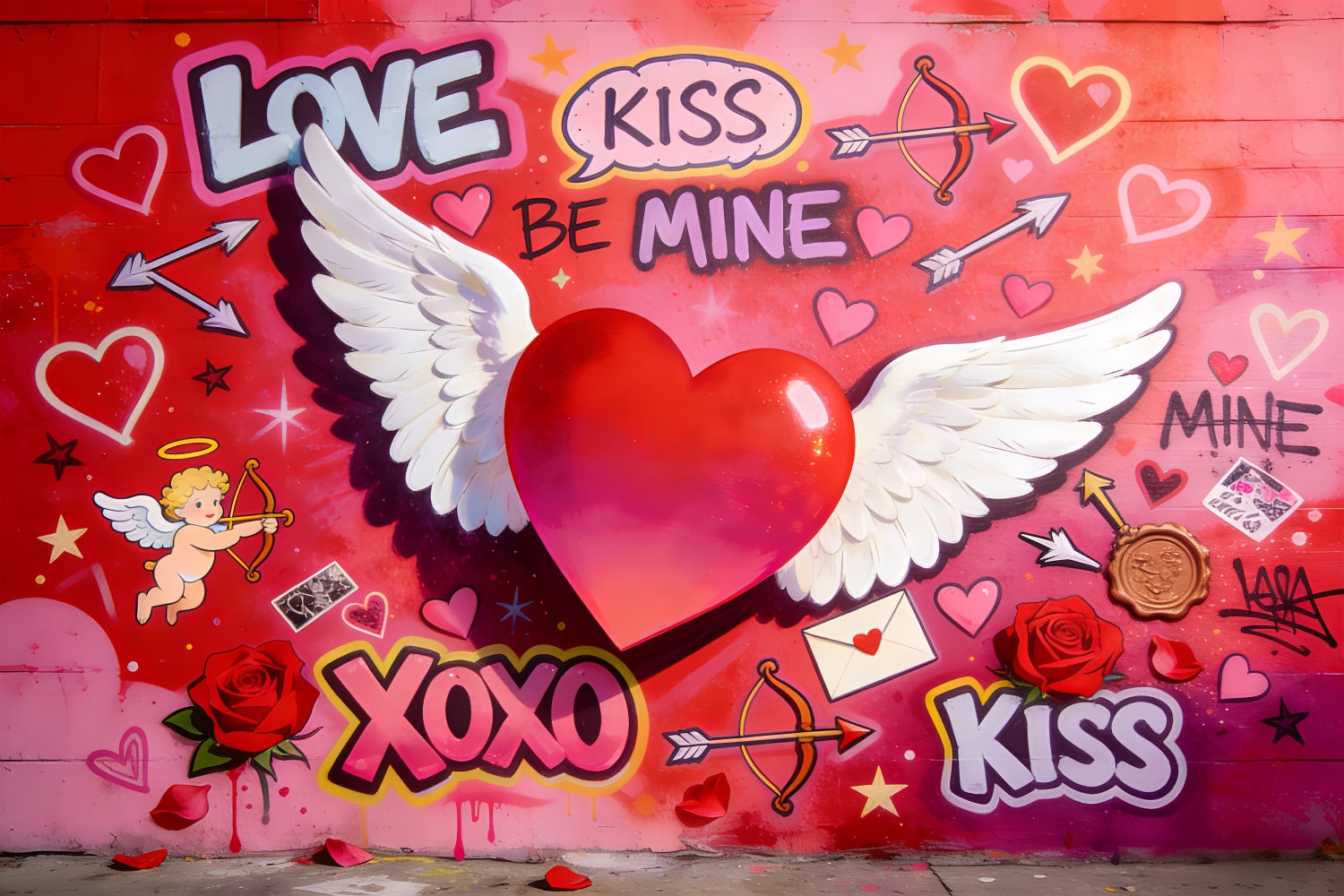 Fond avec Cupidon Amour XOXO Cœur ailé Mur graffiti Fond pour la Saint-Valentin LXX512-50