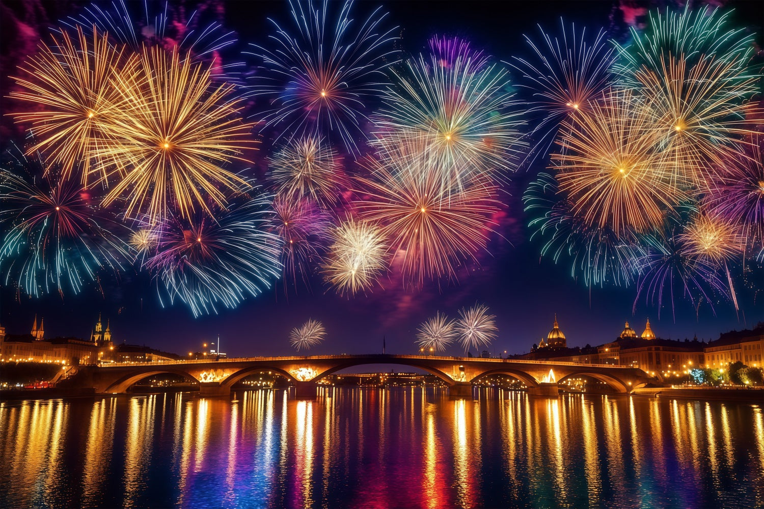 Fonds pour le Nouvel An ville de nuit reflet sur la rivière feux d'artifice fond photo LXX512-6