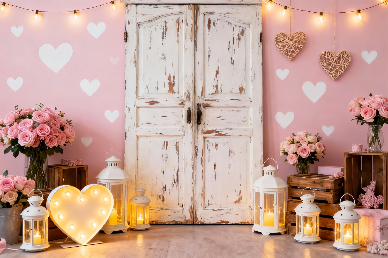 Fond rose Saint-Valentin Porte rustique Roses Lanterne Cœur LXX512-64