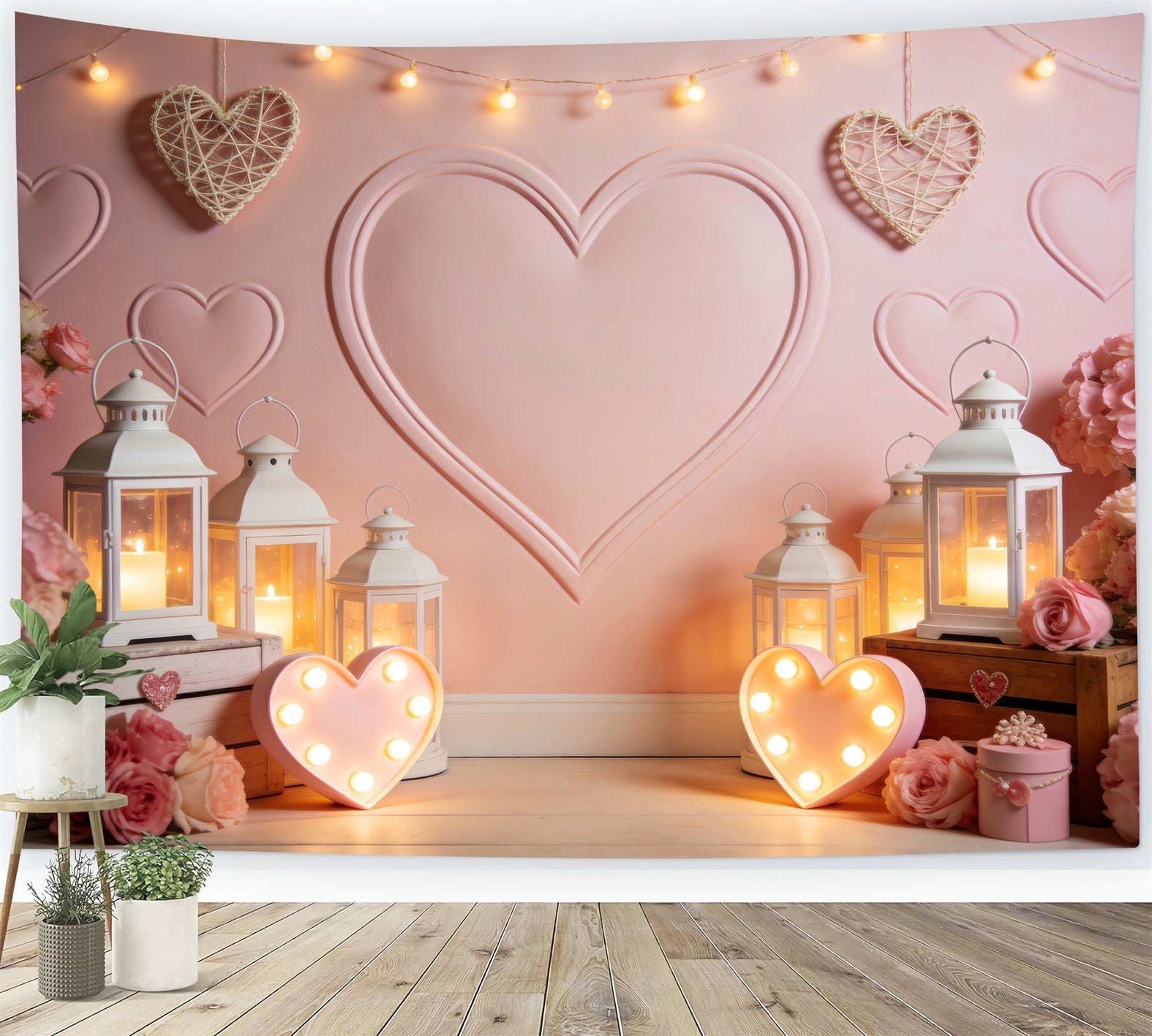 Fond cœur Lumière de lanterne Chambre éclairée à la bougie Fond rose Saint-Valentin LXX512-65