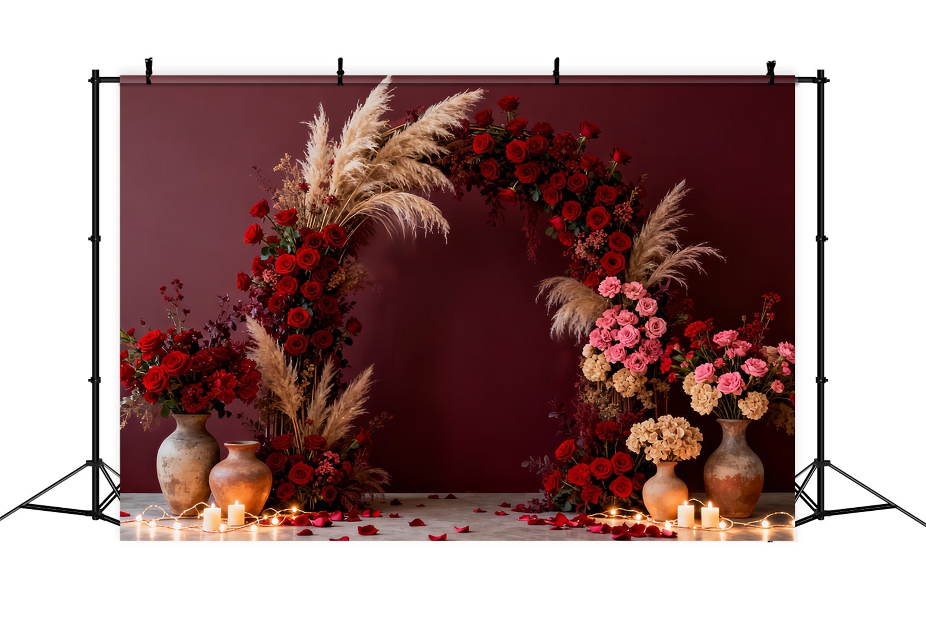 Fond floral bohème pour la Saint-Valentin Pièce romantique éclairée à la bougie Fond avec roses rouges LXX512-69
