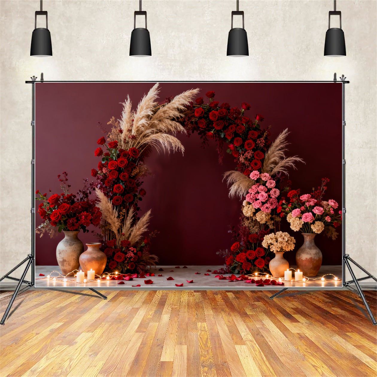 Fond floral bohème pour la Saint-Valentin Pièce romantique éclairée à la bougie Fond avec roses rouges LXX512-69