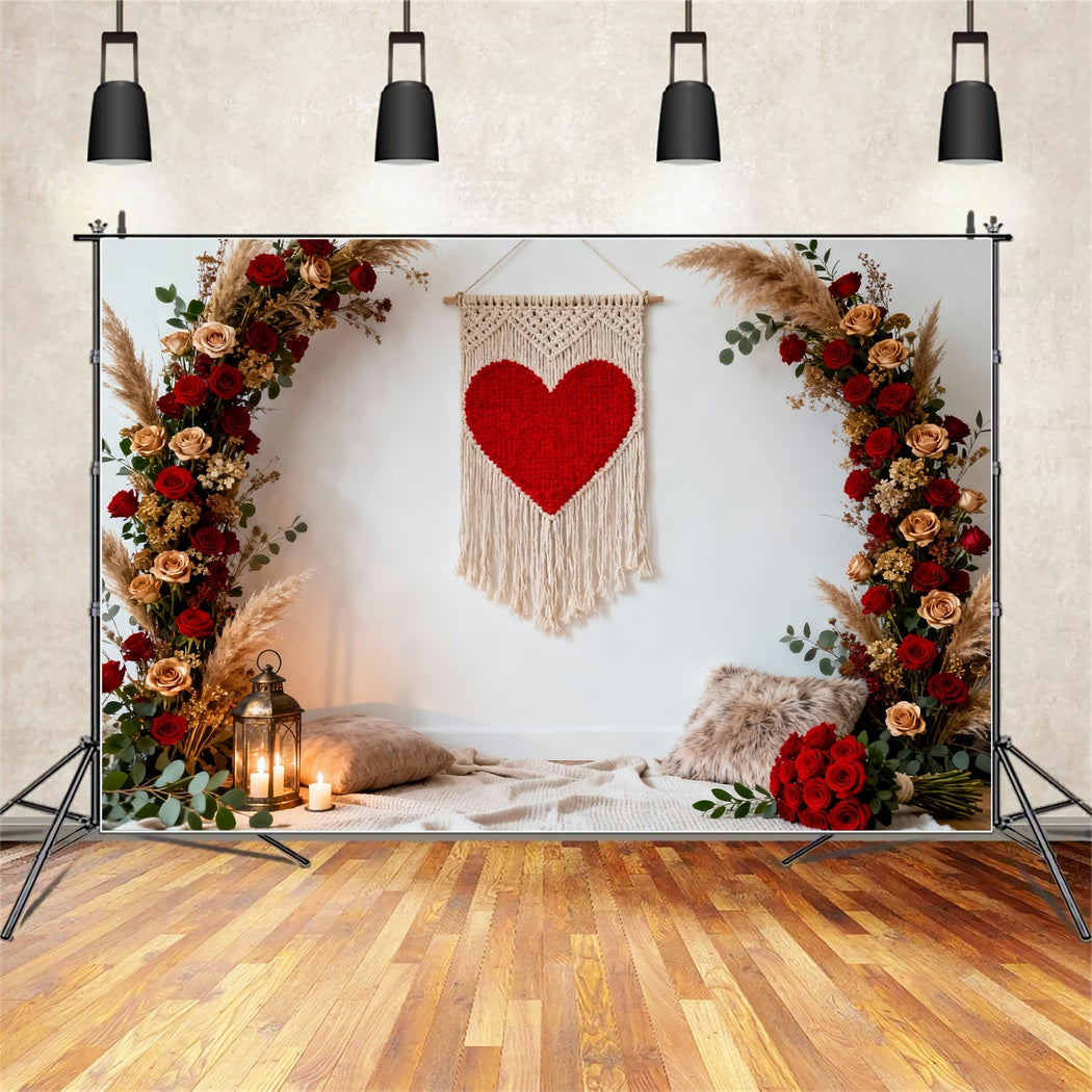 Fond floral bohème pour la Saint-Valentin Arc en macramé avec cœur et roses Fonds « Love » LXX512-71