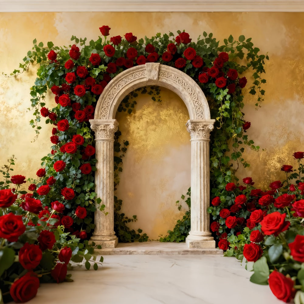 Toile de fond pour la Saint-Valentin des années 90 Jardin classique Arche en pierre Toile de fond avec roses rouges LXX512-74