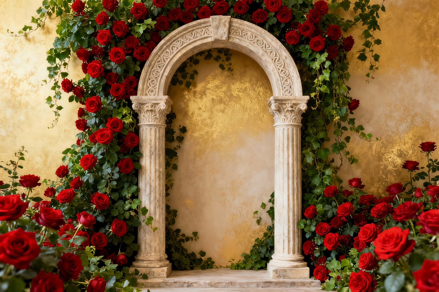 Toile de fond pour la Saint-Valentin des années 90 Jardin classique Arche en pierre Toile de fond avec roses rouges LXX512-74