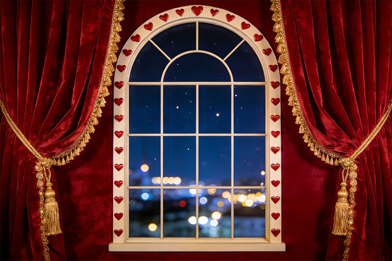 Fond Bokeh pour la Saint-Valentin Rideau en velours Fenêtre en forme de cœur Fonds romantiques LXX512-76