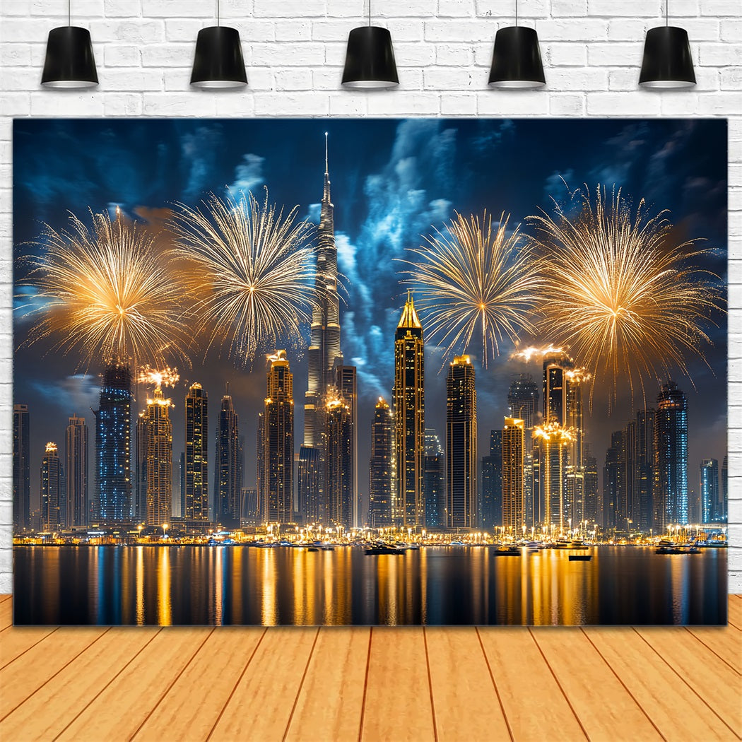 Idées de fonds pour le Nouvel An Feux d'artifice dorés Skyline de la ville Paysage urbain Fond photo LXX512-8
