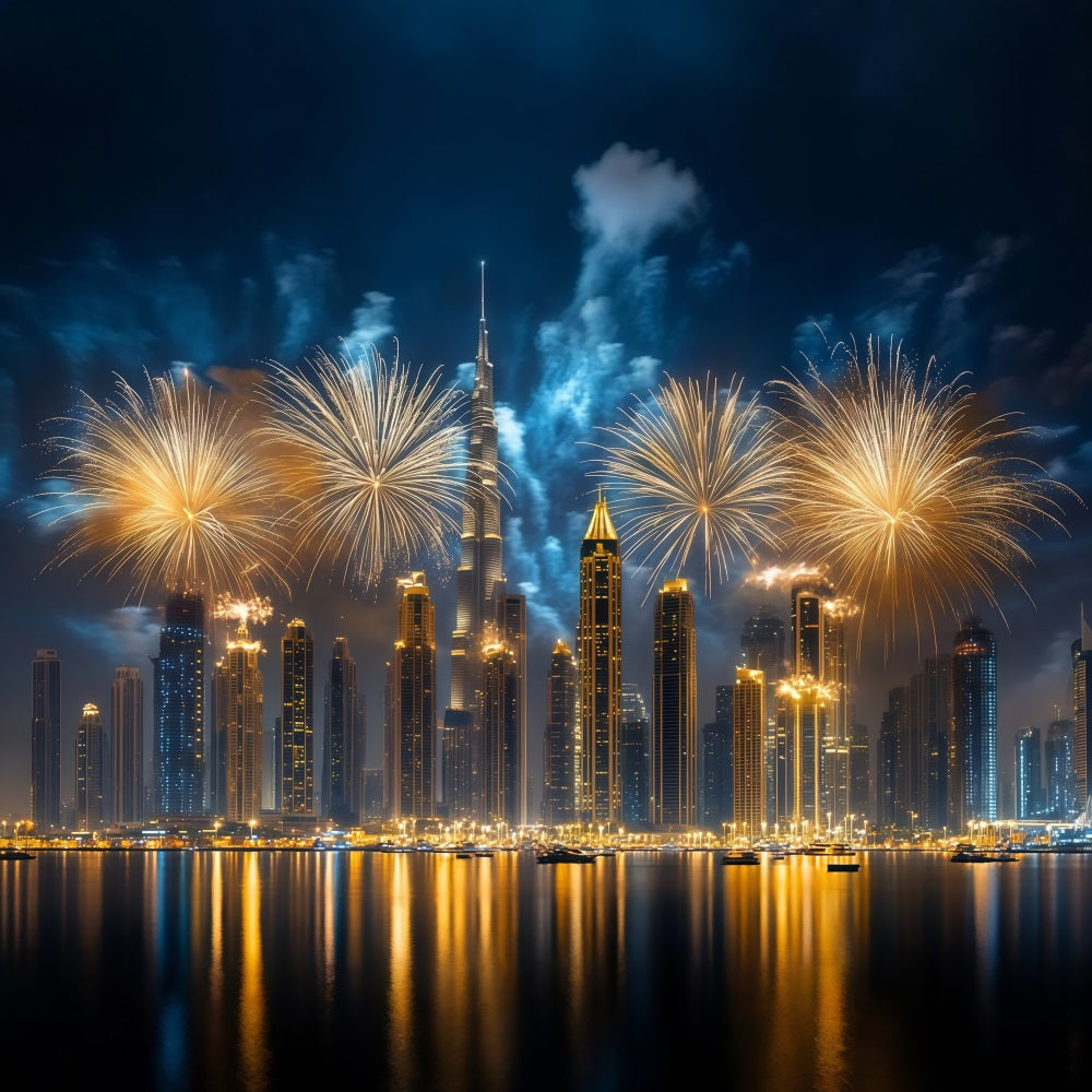 Idées de fonds pour le Nouvel An Feux d'artifice dorés Skyline de la ville Paysage urbain Fond photo LXX512-8