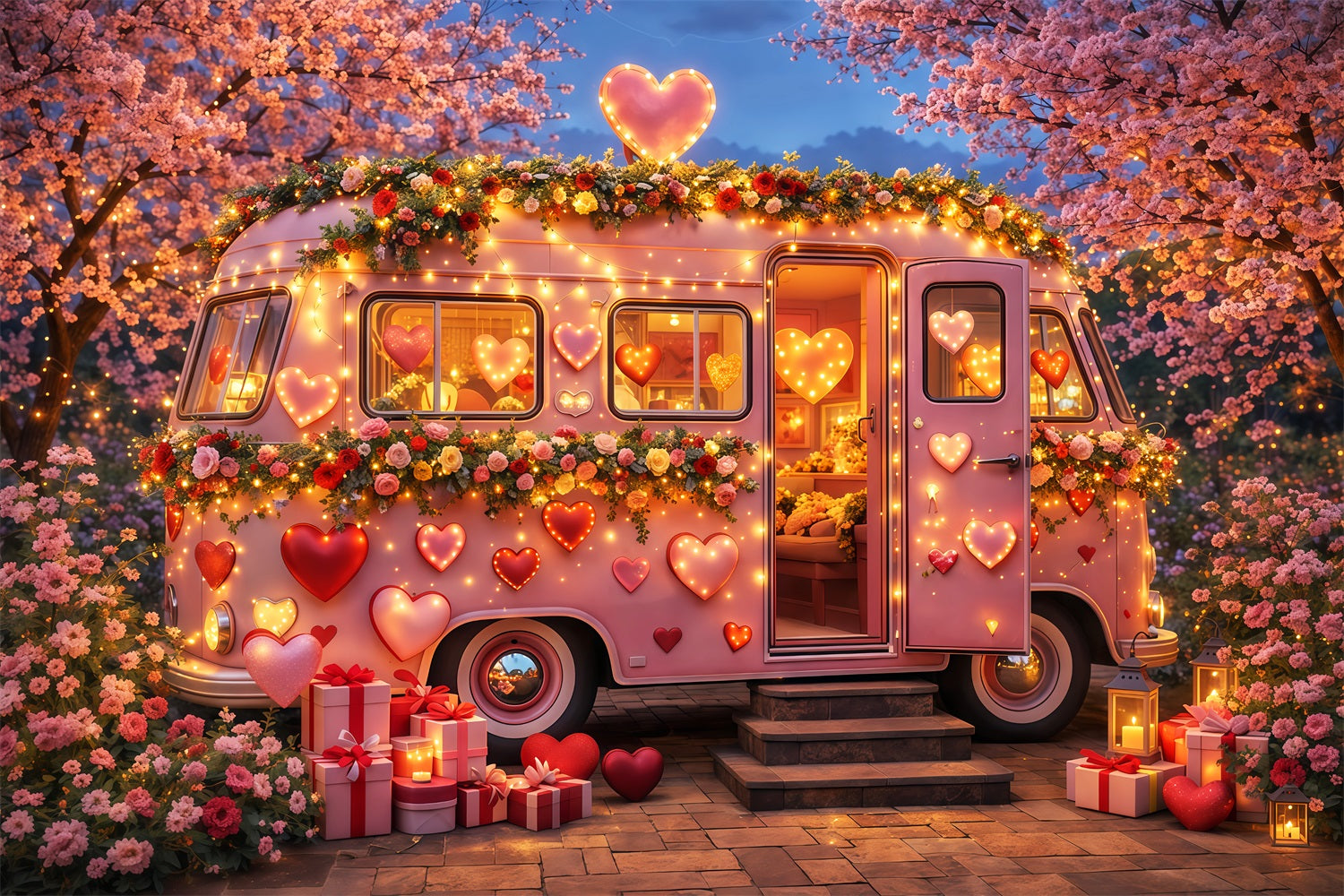 Toile de fond avec cœurs roses Camper Fleurs Néons Toiles de fond romantiques LXX512-83