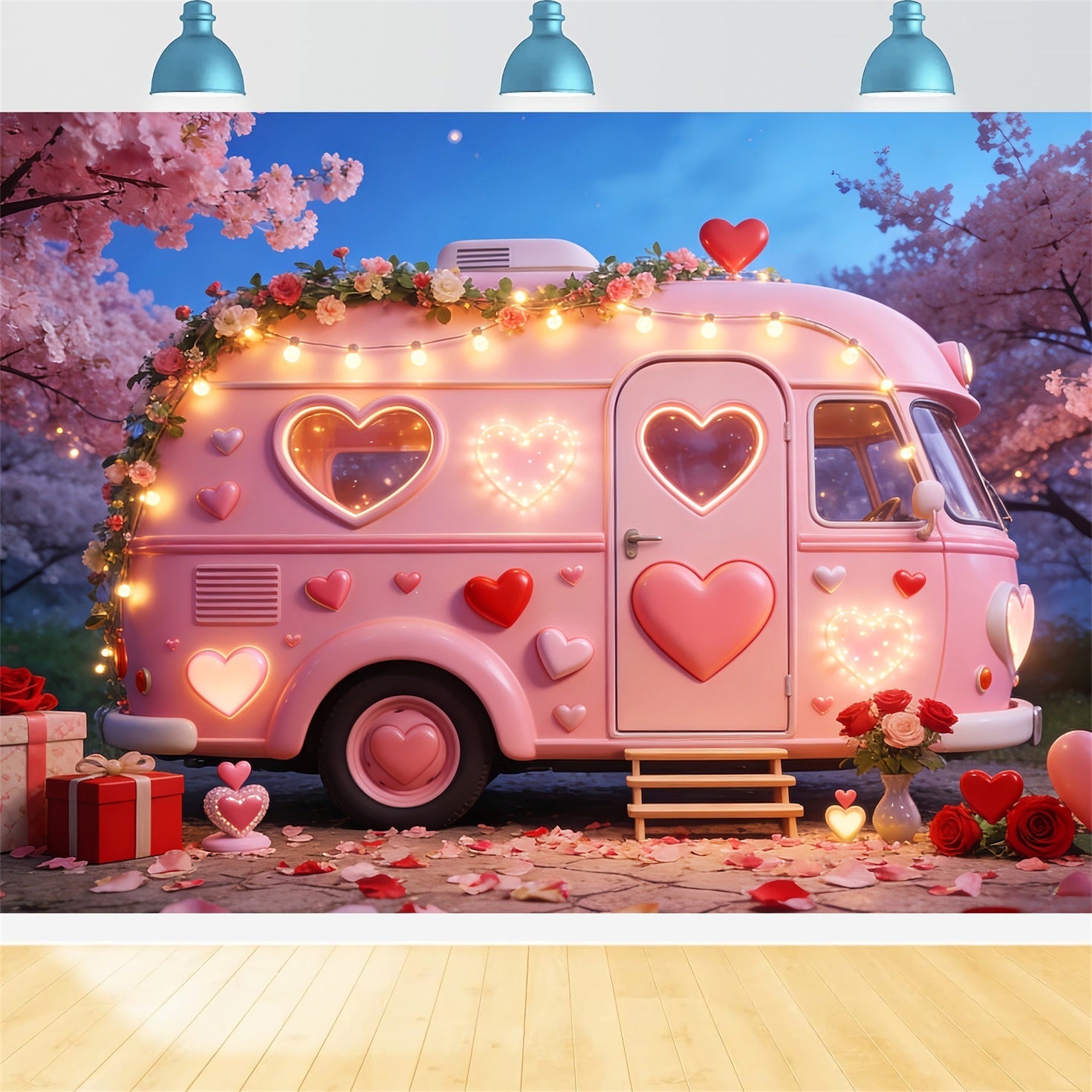 Toiles de fond romantiques Camper Lumières Boîtes-cadeaux Toile de fond avec cœurs roses LXX512-84