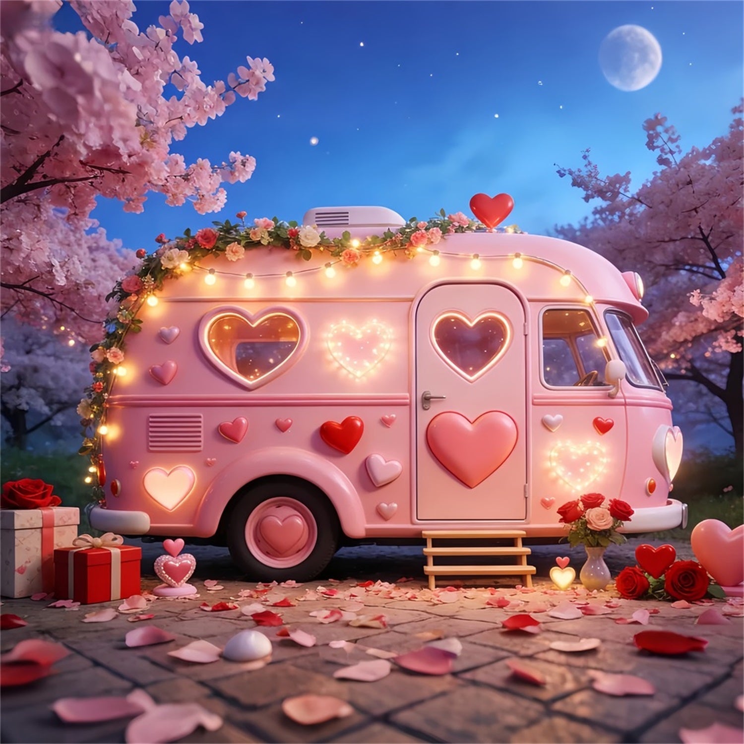 Toiles de fond romantiques Camper Lumières Boîtes-cadeaux Toile de fond avec cœurs roses LXX512-84